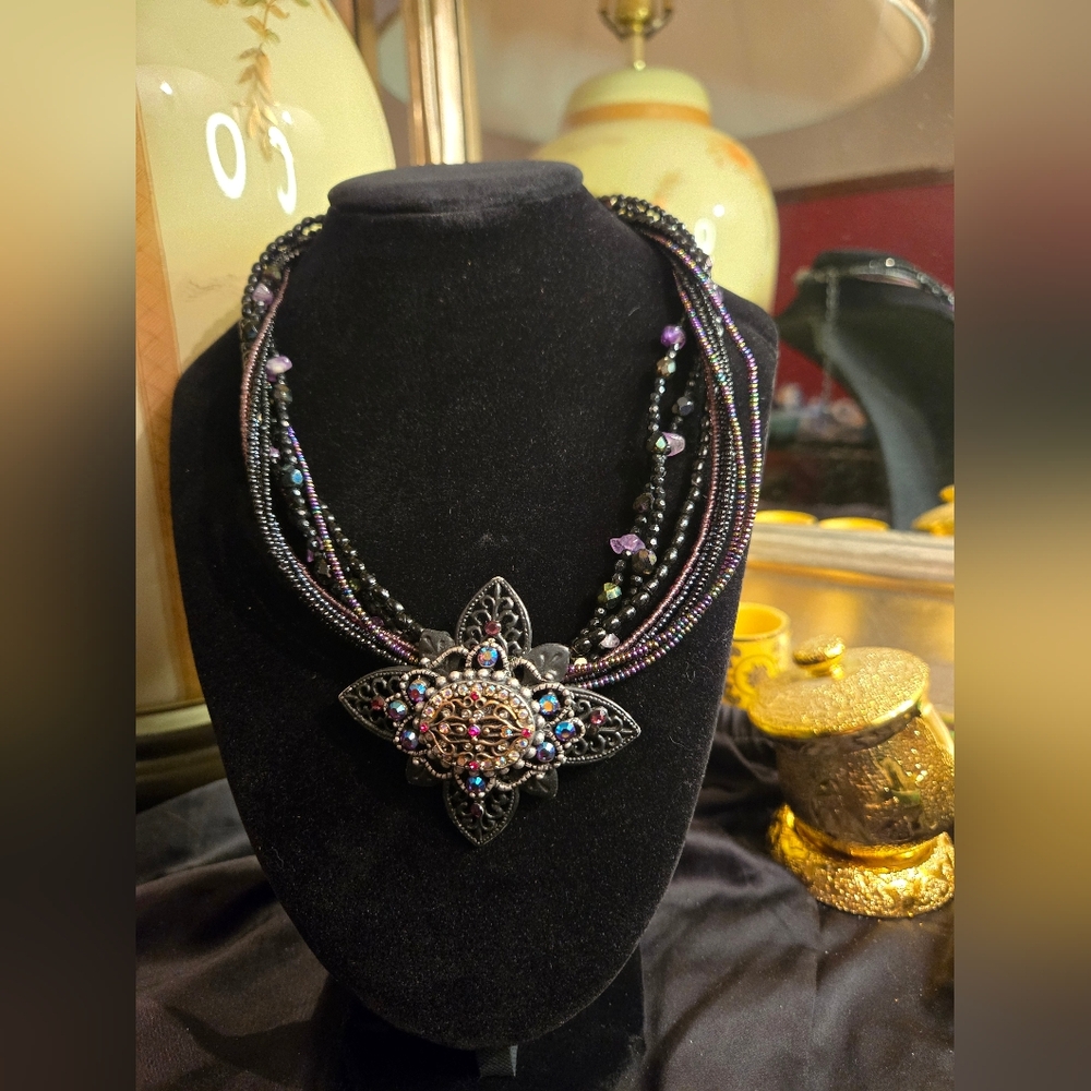 ✨ Chico’s Multistrand Statement Necklace – Gunmetal Filigree Pendant